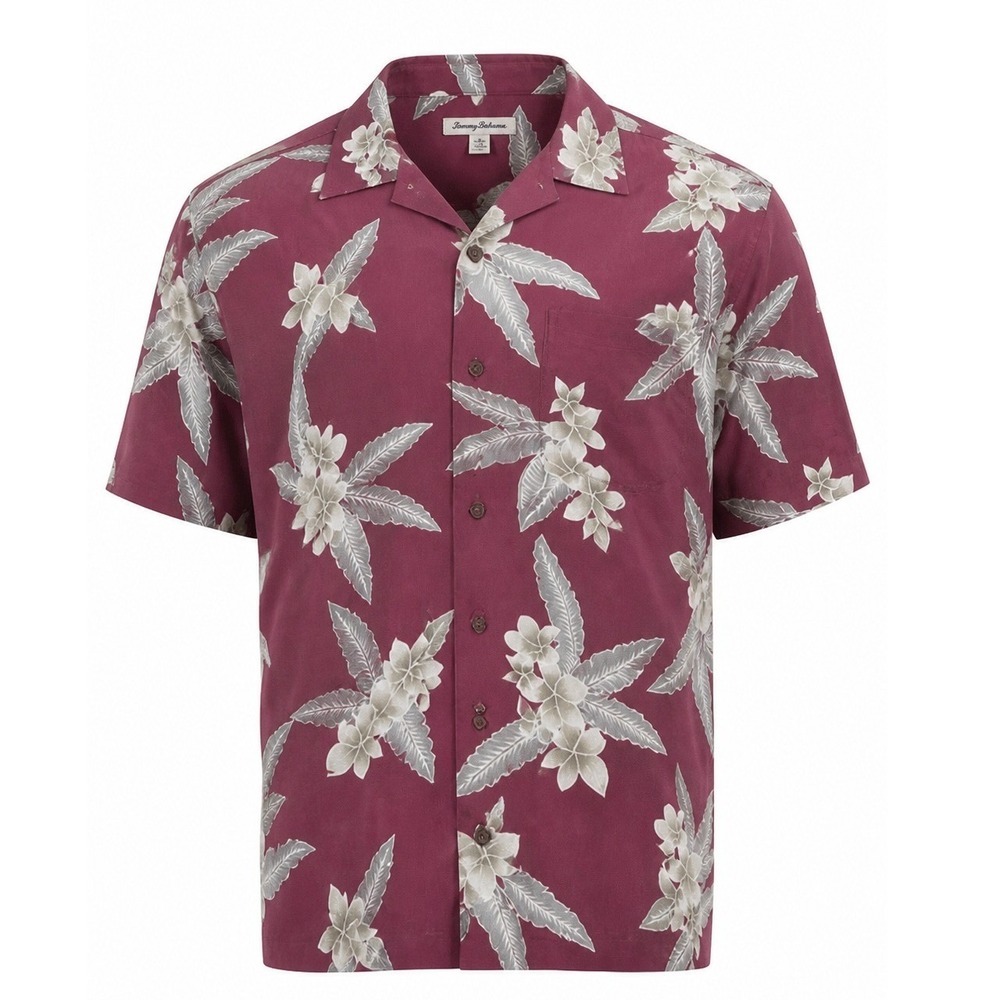 Tommy Bahama Mens Large Silk Tropical Floral Camp Shirt Burgundy Short Sleeve